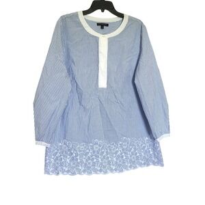 Banana Republic Womens Blue White Pinstripe Embroidered Boho Floral Tunic Top XL